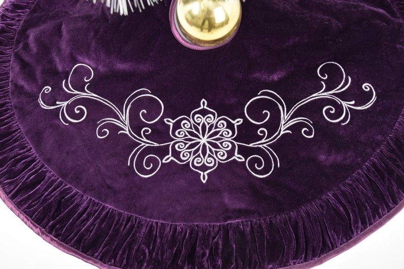 ONGLYP X.Sem Flower Embroidered Velvet Christmas Tree Skirt with Pleat Velvet Border 50'' Purple (50 inch) - Image 4